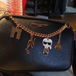 Karl Lagerfeld Black Crossbody with Gold Charm Chain